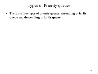 129
Types of Priority queues
• There are two types of priority queues, ascending priority
queue and descending priority queue
 