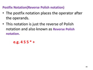 Postfix Notation(Reverse Polish notation)
• The postfix notation places the operator after
the operands.
• This notation is just the reverse of Polish
notation and also known as Reverse Polish
notation.
e.g. 4 5 5 * +
49
 