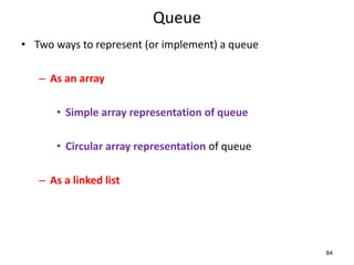 84
Queue
• Two ways to represent (or implement) a queue
– As an array
• Simple array representation of queue
• Circular array representation of queue
– As a linked list
 