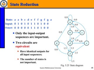 Eastern Mediterranean University
Eastern Mediterranean University 48
48
State Reduction
State Reduction
● Only the input-output
sequences are important.
● Two circuits are
equivalent
♦ Have identical outputs for
all input sequences;
♦ The number of states is
not important.
Fig. 5.25 State diagram
State: a a b c d e f f g f g a
Input: 0 1 0 1 0 1 1 0 1 0 0
Output: 0 0 0 0 0 1 1 0 1 0 0
 