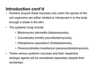 Introduction cont’d
• Humans acquire these mycoses only when the spores of the
soil organisms are either inhaled or introd...