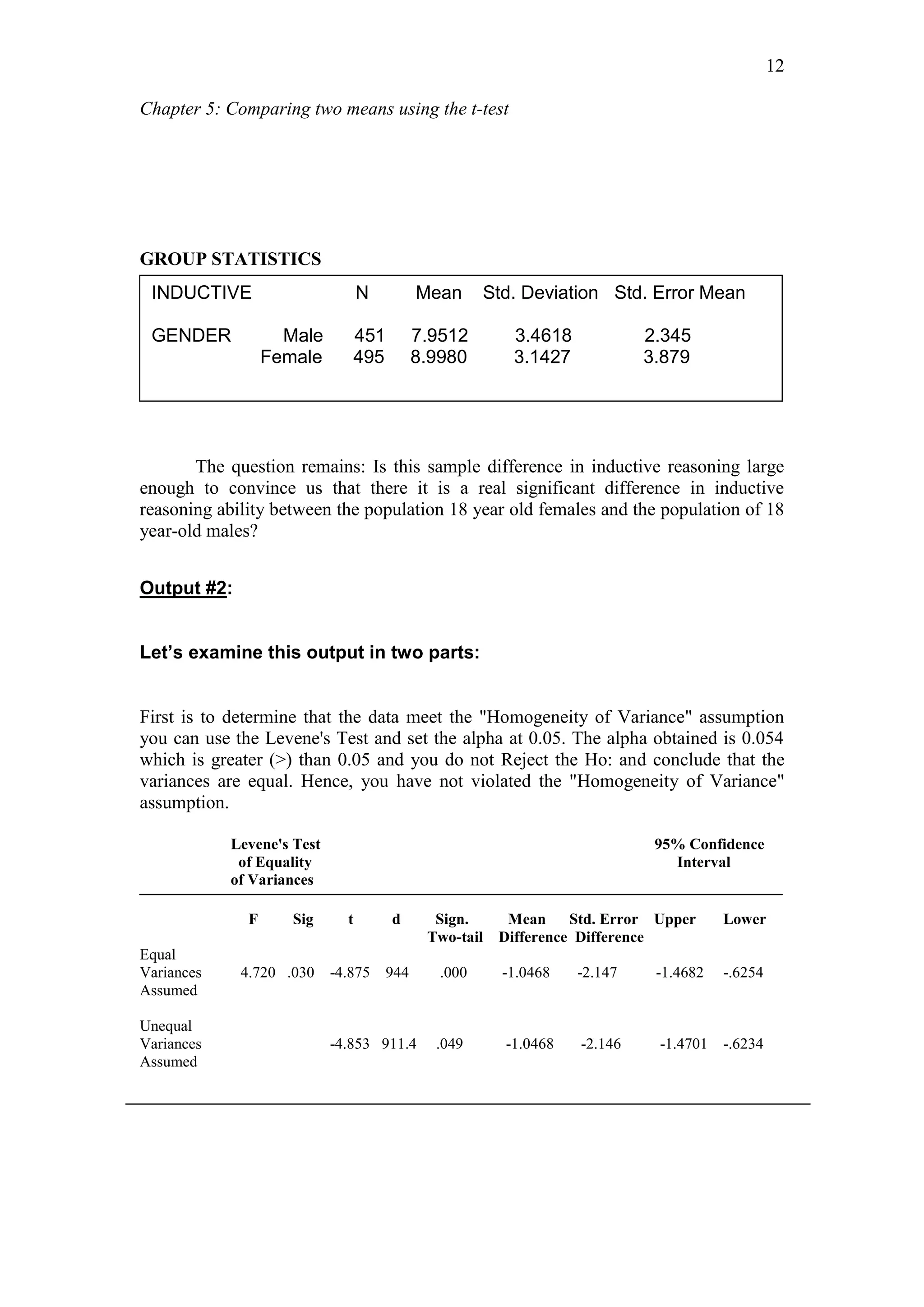 Chapter 5: Comparing two means using the t-test
12
GROUP STATISTICS
The question remains: Is this sample difference in inductive reasoning large
enough to convince us that there it is a real significant difference in inductive
reasoning ability between the population 18 year old females and the population of 18
year-old males?
Output #2:
Let’s examine this output in two parts:
First is to determine that the data meet the "Homogeneity of Variance" assumption
you can use the Levene's Test and set the alpha at 0.05. The alpha obtained is 0.054
which is greater (>) than 0.05 and you do not Reject the Ho: and conclude that the
variances are equal. Hence, you have not violated the "Homogeneity of Variance"
assumption.
Levene's Test 95% Confidence
of Equality Interval
of Variances
F Sig t d Sign. Mean Std. Error Upper Lower
Two-tail Difference Difference
Equal
Variances 4.720 .030 -4.875 944 .000 -1.0468 -2.147 -1.4682 -.6254
Assumed
Unequal
Variances -4.853 911.4 .049 -1.0468 -2.146 -1.4701 -.6234
Assumed
INDUCTIVE N Mean Std. Deviation Std. Error Mean
GENDER Male 451 7.9512 3.4618 2.345
Female 495 8.9980 3.1427 3.879
 