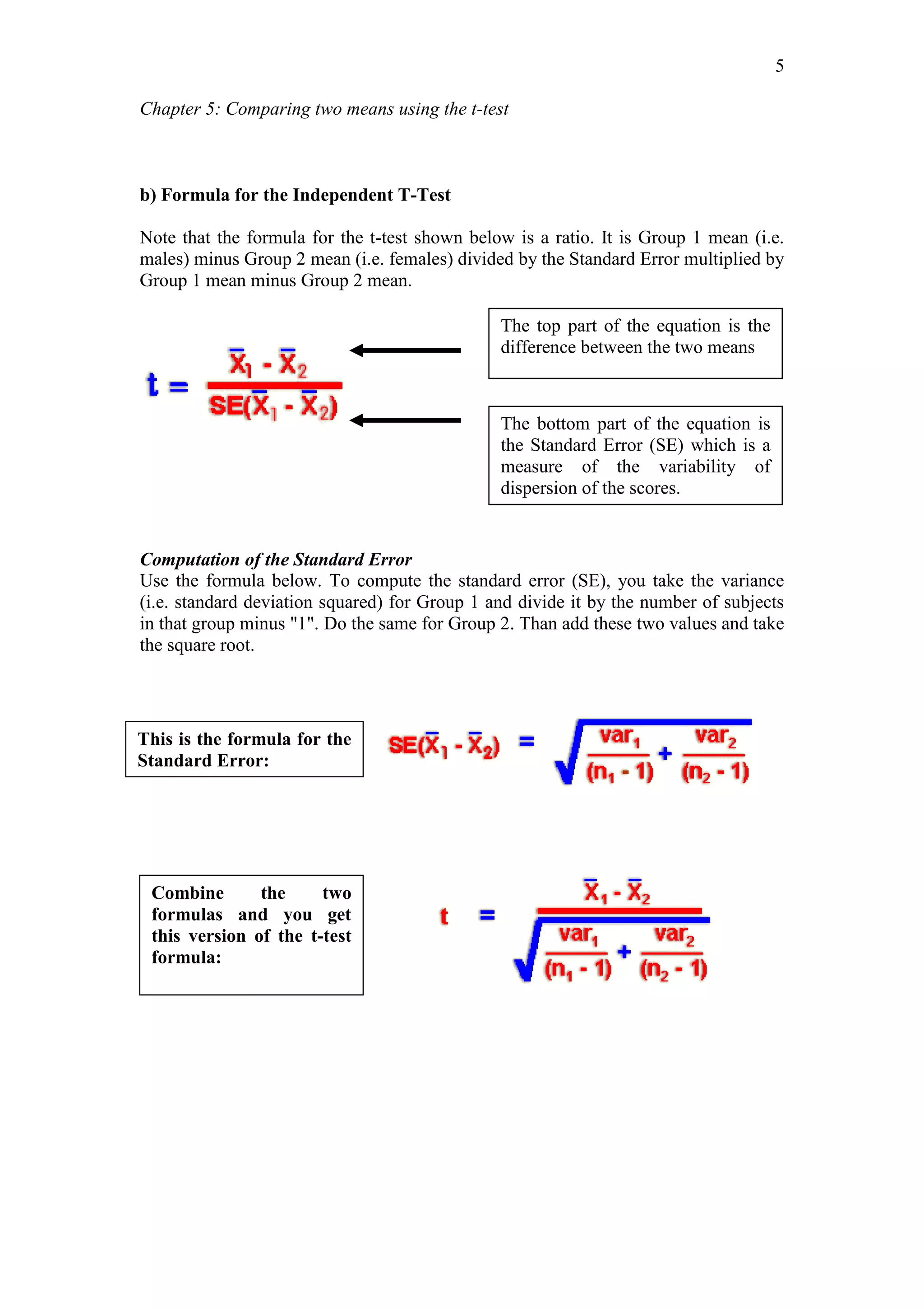 Chapter 5: Comparing two means using the t-test
5
b) Formula for the Independent T-Test
Note that the formula for the t-test shown below is a ratio. It is Group 1 mean (i.e.
males) minus Group 2 mean (i.e. females) divided by the Standard Error multiplied by
Group 1 mean minus Group 2 mean.
Computation of the Standard Error
Use the formula below. To compute the standard error (SE), you take the variance
(i.e. standard deviation squared) for Group 1 and divide it by the number of subjects
in that group minus "1". Do the same for Group 2. Than add these two values and take
the square root.
The top part of the equation is the
difference between the two means
The bottom part of the equation is
the Standard Error (SE) which is a
measure of the variability of
dispersion of the scores.
This is the formula for the
Standard Error:
Combine the two
formulas and you get
this version of the t-test
formula:
 