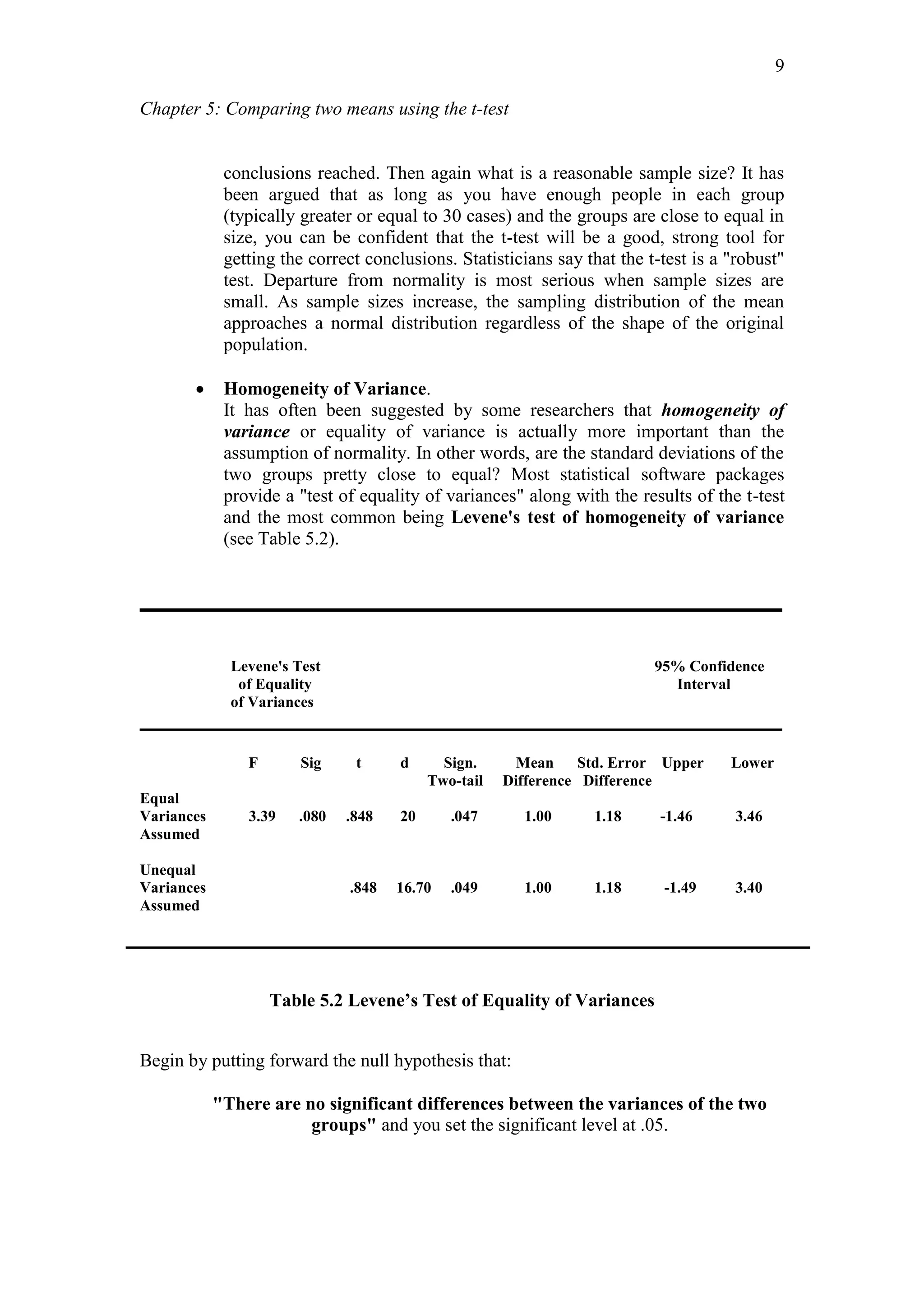 Chapter 5: Comparing two means using the t-test
9
conclusions reached. Then again what is a reasonable sample size? It has
been argued that as long as you have enough people in each group
(typically greater or equal to 30 cases) and the groups are close to equal in
size, you can be confident that the t-test will be a good, strong tool for
getting the correct conclusions. Statisticians say that the t-test is a "robust"
test. Departure from normality is most serious when sample sizes are
small. As sample sizes increase, the sampling distribution of the mean
approaches a normal distribution regardless of the shape of the original
population.
 Homogeneity of Variance.
It has often been suggested by some researchers that homogeneity of
variance or equality of variance is actually more important than the
assumption of normality. In other words, are the standard deviations of the
two groups pretty close to equal? Most statistical software packages
provide a "test of equality of variances" along with the results of the t-test
and the most common being Levene's test of homogeneity of variance
(see Table 5.2).
Levene's Test 95% Confidence
of Equality Interval
of Variances
F Sig t d Sign. Mean Std. Error Upper Lower
Two-tail Difference Difference
Equal
Variances 3.39 .080 .848 20 .047 1.00 1.18 -1.46 3.46
Assumed
Unequal
Variances .848 16.70 .049 1.00 1.18 -1.49 3.40
Assumed
Table 5.2 Levene’s Test of Equality of Variances
Begin by putting forward the null hypothesis that:
"There are no significant differences between the variances of the two
groups" and you set the significant level at .05.
 