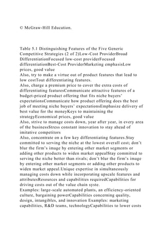 © McGraw-Hill Education.
Table 5.1 Distinguishing Features of the Five Generic
Competitive Strategies (2 of 2)Low-Cost ProviderBroad
DifferentiationFocused low-cost providerFocused
differentiationBest-Cost ProviderMarketing emphasisLow
prices, good value
Also, try to make a virtue out of product features that lead to
low costTout differentiating features.
Also, charge a premium price to cover the extra costs of
differentiating featuresCommunicate attractive features of a
budget-priced product offering that fits niche buyers’
expectationsCommunicate how product offering does the best
job of meeting niche buyers’ expectationsEmphasize delivery of
best value for the moneyKeys to maintaining the
strategyEconomical prices, good value
Also, strive to manage costs down, year after year, in every area
of the businessStress constant innovation to stay ahead of
imitative competitors
Also, concentrate on a few key differentiating features.Stay
committed to serving the niche at the lowest overall cost; don’t
blur the firm’s image by entering other market segments or
adding other products to widen market appealStay committed to
serving the niche better than rivals; don’t blur the firm’s image
by entering other market segments or adding other products to
widen market appeal.Unique expertise in simultaneously
managing costs down while incorporating upscale features and
attributesResources and capabilities requiredCapabilities for
driving costs out of the value chain syste.
Examples: large-scale automated plants, an efficiency-oriented
culture, bargaining powerCapabilities concerning quality,
design, intangibles, and innovation Examples: marketing
capabilities, R&D teams, technologyCapabilities to lower costs
 