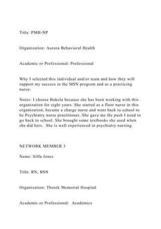 Title: PMH-NP
Organization: Aurora Behavioral Health
Academic or Professional: Professional
Why I selected this individual and/or team and how they will
support my success in the MSN program and as a practicing
nurse:
Notes: I choose Bukola because she has been working with this
organization for eight years. She started as a floor nurse in this
organization, became a charge nurse and went back to school to
be Psychiatry nurse practitioner. She gave me the push I need to
go back to school. She brought some textbooks she used when
she did hers. She is well experienced in psychiatry nursing.
NETWORK MEMBER 3
Name: Silfa Jones
Title: RN, BSN
Organization: Thorek Memorial Hospital
Academic or Professional: Academics
 