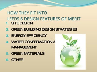 HOW THEY FIT INTO  LEEDS 6 DESIGN FEATURES OF MERIT SITE DESIGN GREEN BUILDING DESIGN STRATEGIES ENERGY EFFICIENCY WATER CONSERVATION &  MANAGEMENT GREEN MATERIALS OTHER 