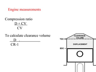 Engine measurements Compression ratio D + CV  CV To calculate clearance volume D  .  CR-1 