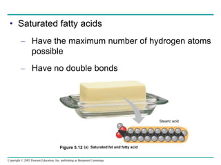 Copyright © 2005 Pearson Education, Inc. publishing as Benjamin Cummings
• Saturated fatty acids
– Have the maximum number of hydrogen atoms
possible
– Have no double bonds
(a) Saturated fat and fatty acid
Stearic acid
Figure 5.12
 