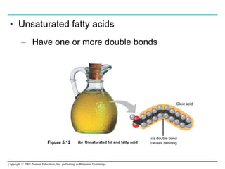 Copyright © 2005 Pearson Education, Inc. publishing as Benjamin Cummings
• Unsaturated fatty acids
– Have one or more double bonds
(b) Unsaturated fat and fatty acid
cis double bond
causes bending
Oleic acid
Figure 5.12
 