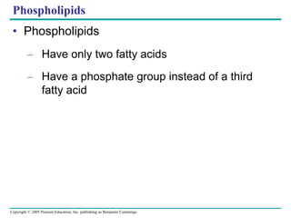 Copyright © 2005 Pearson Education, Inc. publishing as Benjamin Cummings
Phospholipids
• Phospholipids
– Have only two fatty acids
– Have a phosphate group instead of a third
fatty acid
 