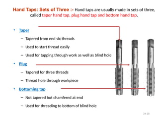 24-20
Hand Taps: Sets of Three :- Hand taps are usually made in sets of three,
called taper hand tap, plug hand tap and bottom hand tap.
• Taper
– Tapered from end six threads
– Used to start thread easily
– Used for tapping through work as well as blind hole
• Plug
– Tapered for three threads
– Thread hole through workpiece
• Bottoming tap
– Not tapered but chamfered at end
– Used for threading to bottom of blind hole
 