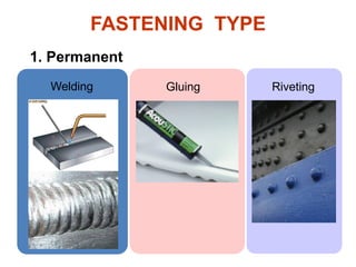 FASTENING TYPE
1. Permanent
Welding Gluing Riveting
 