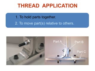 THREAD APPLICATION
1. To hold parts together.
2. To move part(s) relative to others.
Part A Part B
Part C
 