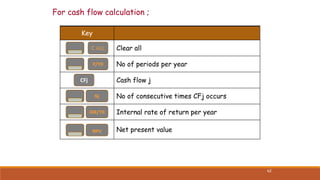 62
For cash flow calculation ;
Key
Clear all
No of periods per year
Cash flow j
No of consecutive times CFj occurs
Interna...