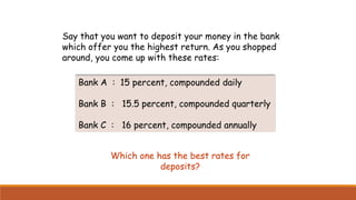 Say that you want to deposit your money in the bank
which offer you the highest return. As you shopped
around, you come up...