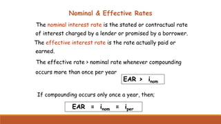 Nominal & Effective Rates
The nominal interest rate is the stated or contractual rate
of interest charged by a lender or p...