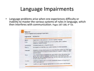 Language Impairments Language problems arise when one experiences difficulty or inability to master the various systems of rules in language, which then interferes with communication.  Pages 187-188, 4 th  Ed. 