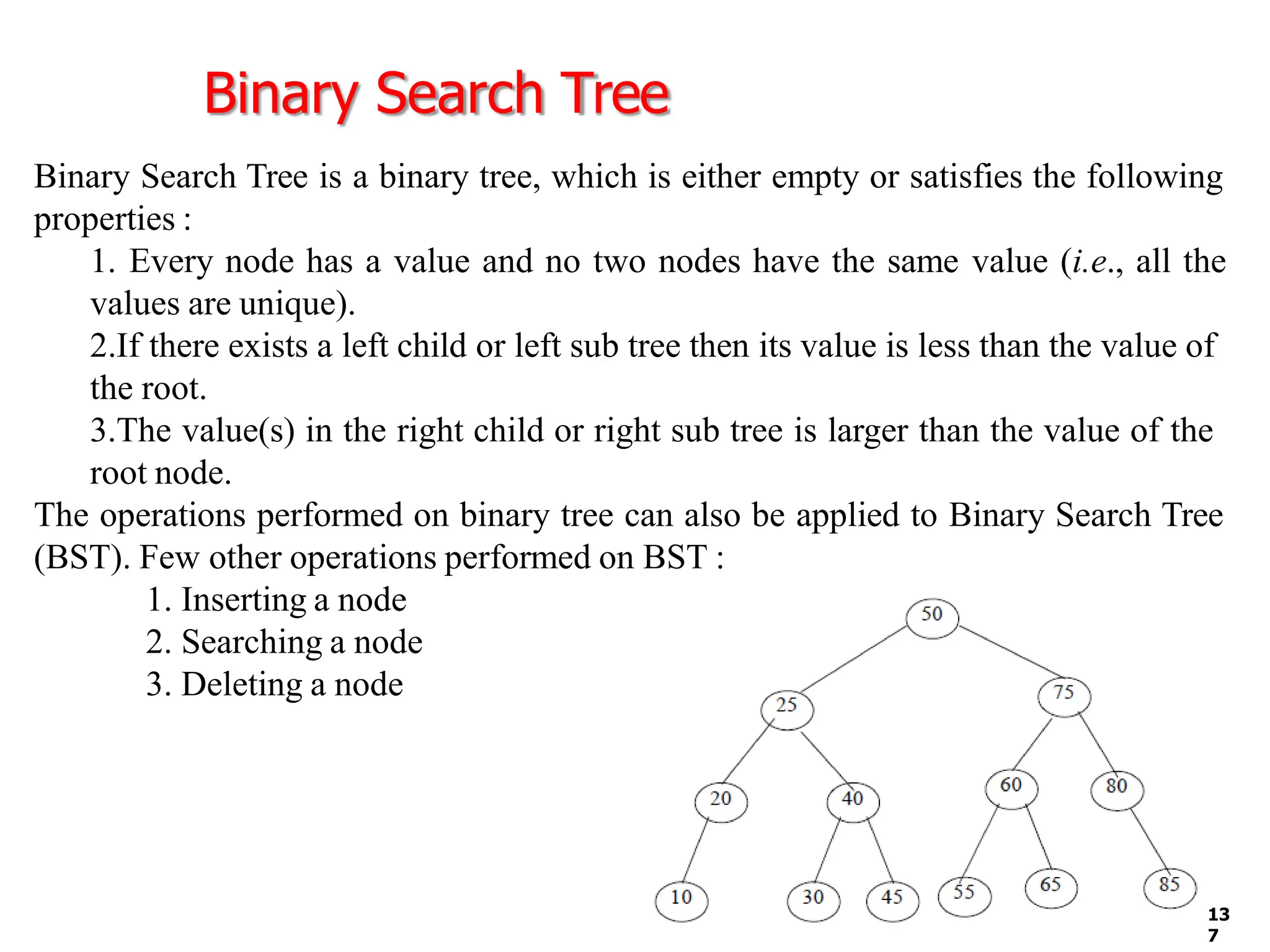 Binary Search Tree
Binary Search Tree is a binary tree, which is either empty or satisfies the following
properties :
1. Every node has a value and no two nodes have the same value (i.e., all the
values are unique).
2.If there exists a left child or left sub tree then its value is less than the value of
the root.
3.The value(s) in the right child or right sub tree is larger than the value of the
root node.
The operations performed on binary tree can also be applied to Binary Search Tree
(BST). Few other operations performed on BST :
1. Inserting a node
2. Searching a node
3. Deleting a node
13
7
 