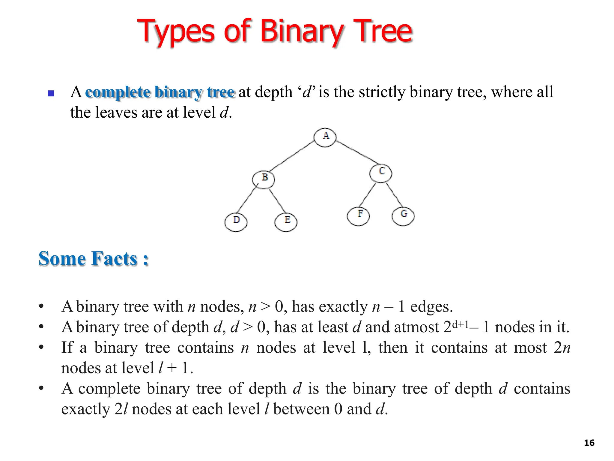 Types of Binary Tree
◼ Acomplete binary tree at depth ‘d’is the strictly binary tree, where all
the leaves are at level d.
Some Facts :
• Abinary tree with n nodes, n > 0, has exactly n – 1 edges.
• Abinary tree of depth d, d > 0, has at least d and atmost 2d+1– 1 nodes in it.
• If a binary tree contains n nodes at level l, then it contains at most 2n
nodes at level l + 1.
• A complete binary tree of depth d is the binary tree of depth d contains
exactly 2l nodes at each level l between 0 and d.
16
 