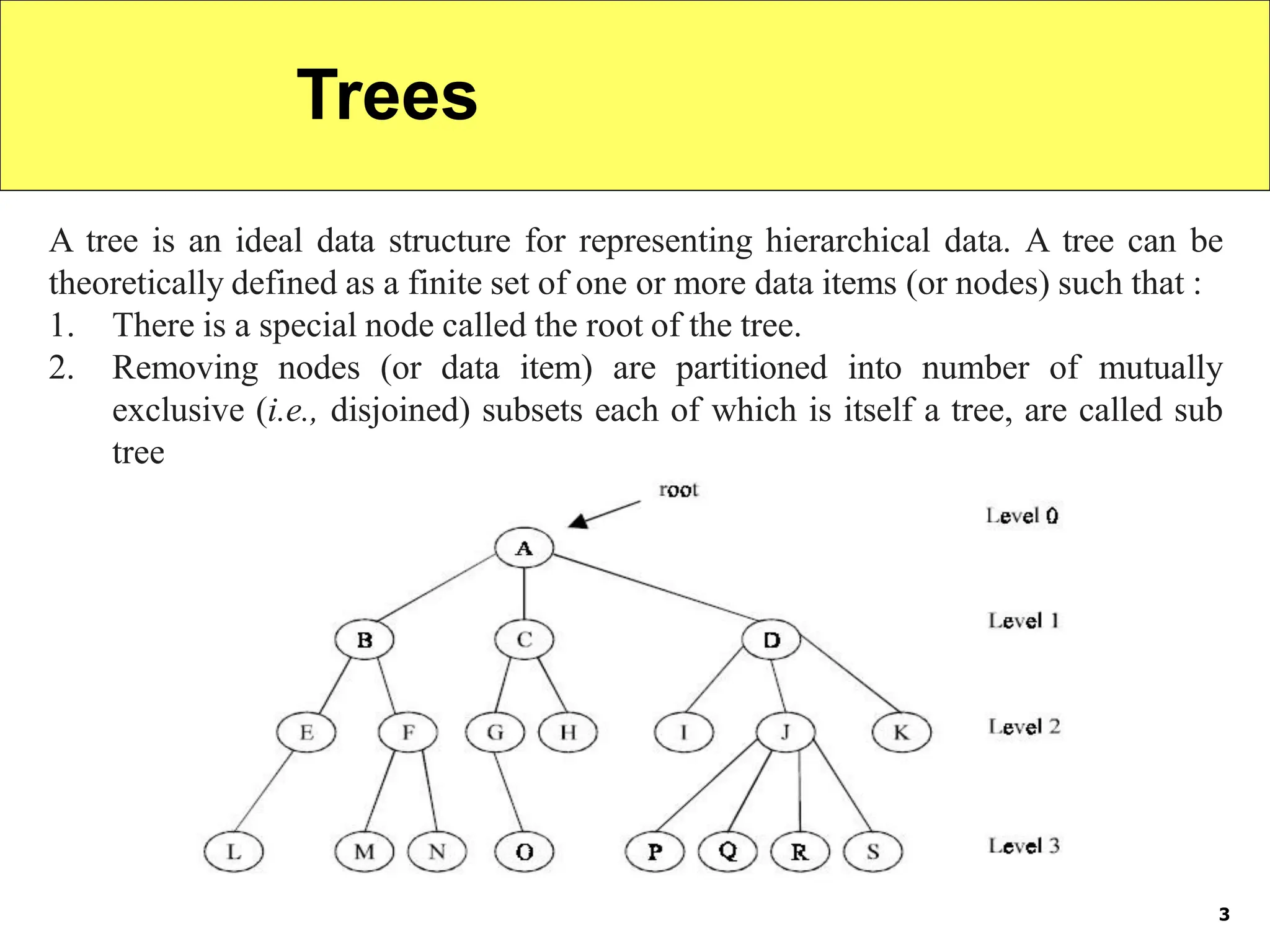 Trees
A tree is an ideal data structure for representing hierarchical data. A tree can be
theoretically defined as a finite set of one or more data items (or nodes) such that :
1. There is a special node called the root of the tree.
2. Removing nodes (or data item) are partitioned into number of mutually
exclusive (i.e., disjoined) subsets each of which is itself a tree, are called sub
tree.
3
 