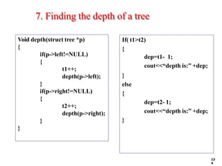 7. Finding the depth of a tree
13
4
If( t1>t2)
{
dep=t1- 1;
cout<<“depth is:” +dep;
}
else
{
dep=t2- 1;
cout<<“depth is:” +dep;
}
Void depth(struct tree *p)
{
if(p->left!=NULL)
{
t1++;
depth(p->left);
}
if(p->right!=NULL)
{
t2++;
depth(p->right);
}
}
 