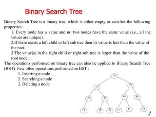 Binary Search Tree
Binary Search Tree is a binary tree, which is either empty or satisfies the following
properties :
1. Every node has a value and no two nodes have the same value (i.e., all the
values are unique).
2.If there exists a left child or left sub tree then its value is less than the value of
the root.
3.The value(s) in the right child or right sub tree is larger than the value of the
root node.
The operations performed on binary tree can also be applied to Binary Search Tree
(BST). Few other operations performed on BST :
1. Inserting a node
2. Searching a node
3. Deleting a node
13
7
 