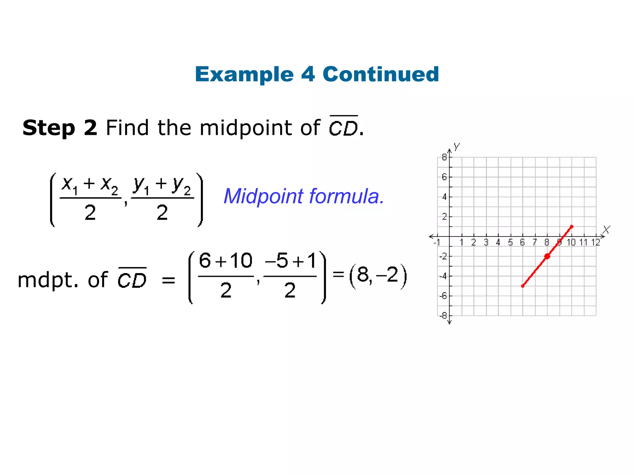 Example 4 Continued

Step 2 Find the midpoint of     .


                  Midpoint formula.


mdpt. of    =
 
