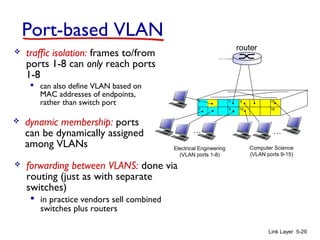 Link Layer 5-29
Port-based VLAN
1
8
9
16102
7
…
Electrical Engineering
(VLAN ports 1-8)
Computer Science
(VLAN ports 9-15)
15
…
 traffic isolation: frames to/from
ports 1-8 can only reach ports
1-8
 can also define VLAN based on
MAC addresses of endpoints,
rather than switch port
 dynamic membership: ports
can be dynamically assigned
among VLANs
router
 forwarding between VLANS: done via
routing (just as with separate
switches)
 in practice vendors sell combined
switches plus routers
 