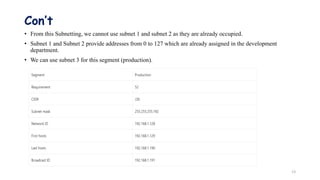 Con’t
• From this Subnetting, we cannot use subnet 1 and subnet 2 as they are already occupied.
• Subnet 1 and Subnet 2 provide addresses from 0 to 127 which are already assigned in the development
department.
• We can use subnet 3 for this segment (production).
13
 