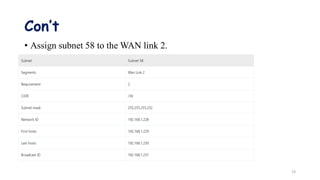 Con’t
• Assign subnet 58 to the WAN link 2.
19
 