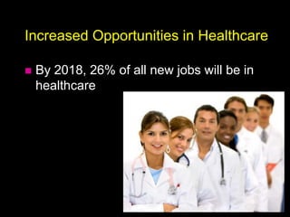 Increased Opportunities in Healthcare
 By 2018, 26% of all new jobs will be in
healthcare
 