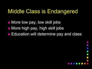 Middle Class is Endangered
 More low pay, low skill jobs
 More high pay, high skill jobs
 Education will determine pay and class
 