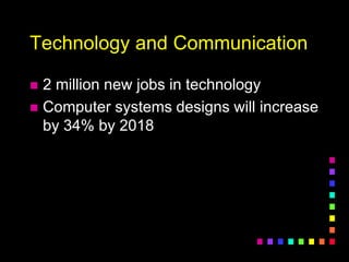 Technology and Communication
 2 million new jobs in technology
 Computer systems designs will increase
by 34% by 2018
 