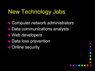 New Technology Jobs
 Computer network administrators
 Data communications analysts
 Web developers
 Data loss prevention
 Online security
 