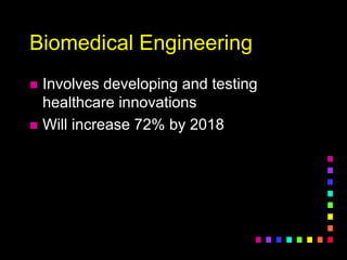 Biomedical Engineering
 Involves developing and testing
healthcare innovations
 Will increase 72% by 2018
 