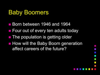 Baby Boomers
 Born between 1946 and 1964
 Four out of every ten adults today
 The population is getting older
 How will the Baby Boom generation
affect careers of the future?
 