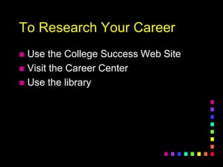 To Research Your Career
 Use the College Success Web Site
 Visit the Career Center
 Use the library
 