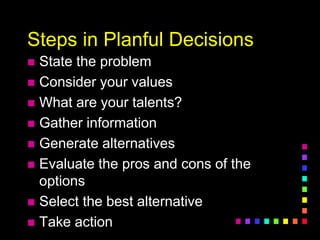 Steps in Planful Decisions
 State the problem
 Consider your values
 What are your talents?
 Gather information
 Generate alternatives
 Evaluate the pros and cons of the
options
 Select the best alternative
 Take action
 