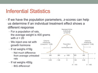Inferential Statistics
• If we have the population parameters, z-scores can help
us determine if an individual treatment effect shows a
different response
• For a population of rats,
the average weight is 400 grams
with σ = 20
• We inject one rat with
growth hormone
• If rat weighs 418g
• Not much difference
from average untreated
rats
• If rat weighs 450g
• BIG difference!
 
