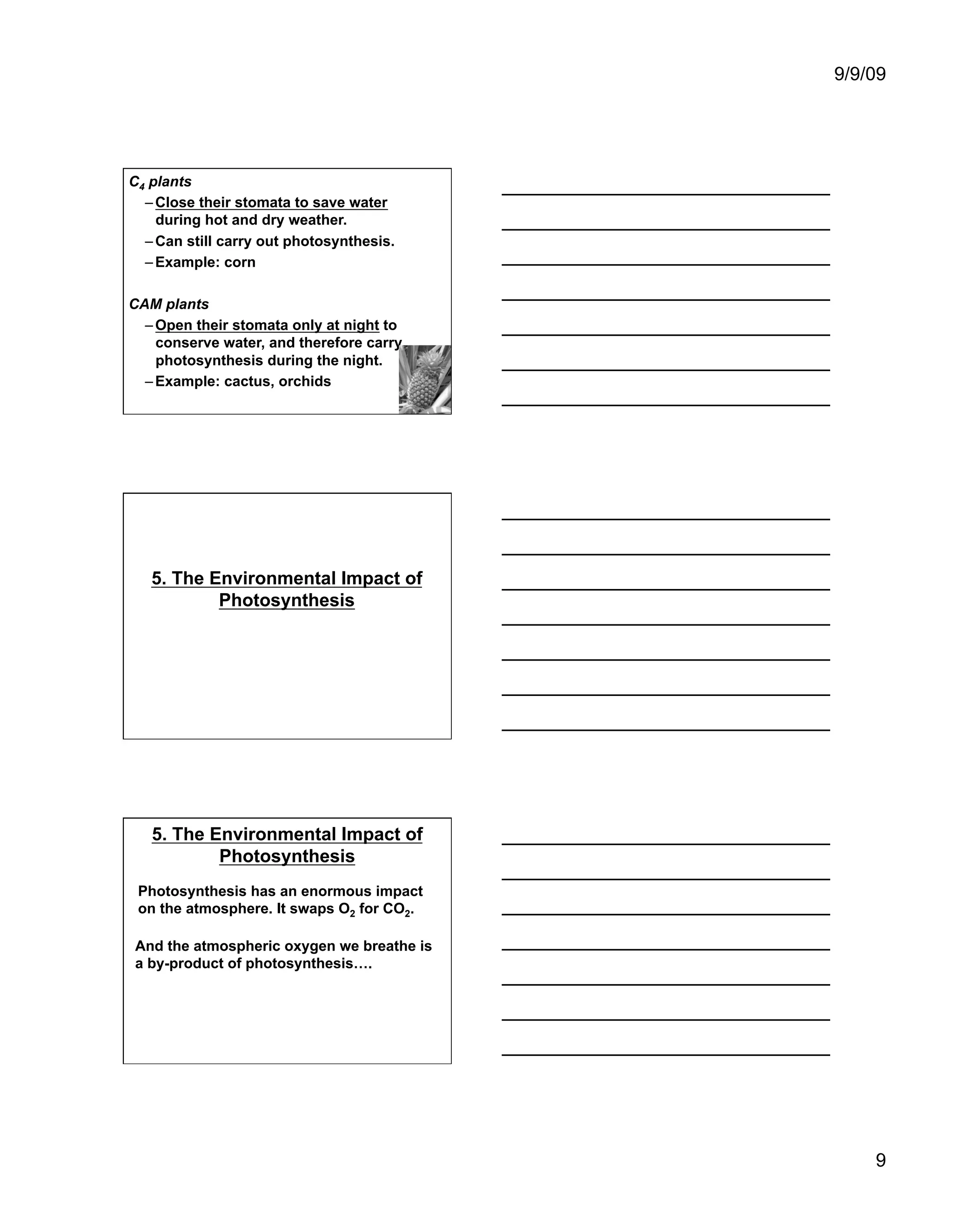 9/9/09




C4 plants
  – Close their stomata to save water
    during hot and dry weather.
  – Can still carry out photosynthesis.
  – Example: corn

CAM plants
  – Open their stomata only at night to
    conserve water, and therefore carry
    photosynthesis during the night.
  – Example: cactus, orchids




   5. The Environmental Impact of
           Photosynthesis




   5. The Environmental Impact of
           Photosynthesis
 Photosynthesis has an enormous impact
 on the atmosphere. It swaps O2 for CO2.

And the atmospheric oxygen we breathe is
a by-product of photosynthesis….




                                               9
 