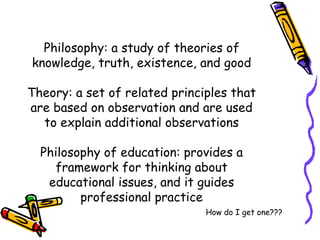 Philosophy: a study of theories of
knowledge, truth, existence, and good

Theory: a set of related principles that
are based on observation and are used
  to explain additional observations

  Philosophy of education: provides a
    framework for thinking about
   educational issues, and it guides
         professional practice
                               How do I get one???
 