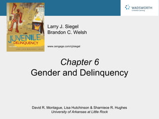 Larry J. Siegel
         Brandon C. Welsh

         www.cengage.com/cj/siegel




      Chapter 6
Gender and Delinquency


David R. Montague, Lisa Hutchinson & Sharniece R. Hughes
           University of Arkansas at Little Rock
 