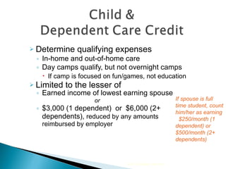 Determine qualifying expenses In-home and out-of-home care Day camps qualify, but not overnight camps If camp is focused on fun/games, not education Limited to the lesser of Earned income of lowest earning spouse  or $3,000 (1 dependent)  or  $6,000 (2+ dependents),  reduced by any amounts reimbursed by employer 2010 Cengage Learning If spouse is full time student, count him/her as earning  $250/month (1 dependent) or $500/month (2+ dependents) 
