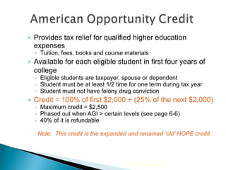 Provides tax relief for qualified higher education expenses Tuition, fees, books and course materials Available for each eligible student in first four years of college   Eligible students are taxpayer, spouse or dependent Student must be at least 1/2 time for one term during tax year Student must not have felony drug conviction Credit = 100% of first $2,000 + (25% of the next $2,000) Maximum credit = $2,500 Phased out when AGI > certain levels (see page 6-6) 40% of it is refundable Note:  This credit is the expanded and renamed ‘old’ HOPE credit  2010 Cengage Learning 