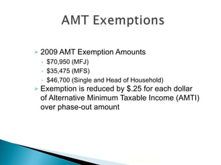 2009 AMT Exemption Amounts $70,950 (MFJ) $35,475 (MFS) $46,700 (Single and Head of Household) Exemption is reduced by $.25 for each dollar of Alternative Minimum Taxable Income (AMTI) over phase-out amount 2010 Cengage Learning 