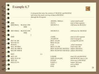 Example 6.7 ;A program that sums the contens of  BLOCK1 and BLOCK2 ;and stores the result over top of data in BLOCK2 ;through the SI register ; .MODEL  SMALL  ;select small model  0000 .DATA ;start of data segment 0000 0064 [ BLOCK1 DW 100 DUP (?) ;100 bytes for BLOCK1   0000 ] 00C8 0064 [ BLOCK2 DW 100 DUP (?) ;100 bytes for  BLOCK2   0000 ] 0000 .CODE ;start of code segment .STARTUP ;start of program 0017 8C D8 MOV AX,DS ;overlap DS and ES 0019 8E C0 MOV ES,AX 001B FC    CLD  ;select increment 001C B9 0064 MOV CX,100 ;load count 100 001F BE 0000 R MOV SI,OFFSET BLOCK1 ;address BLOCK1 0022 BF 0000 R MOV DI,OFFSET BLOCK2 ;address BLOCK2 0025  L1: 0025 AD LODSW ;load AX with BLOCK1 0026 26:03 05 ADD AX,ES:[DI] ;add BLOCK2 data to AX 0029 AB STOSW ;store sum in BLOCK2 002A E2 F9 LOOP L1 ;repeat 100 times .EXIT ;exit to DOS END ;end file 
