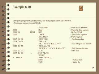 Example 6.10 ; Program yang membaca sebuah key dan menyimpan dalam Hexadecimal ; Nilai pada memori lokasdi TEMP.     .Mode Small   : Pilih model SMALL 0000   .  Data   : Memulai data segmen 0000  00   TEMP  DB?   : Define TEMP 0000    .CODE   : Awal Code segment   STARTUP   : Start program 0017  B4  01   MOV AH,1   : Pembacaan key 0019  CD 21   INT 21H   . IF  AL>=’a’ && AL<=’f’   : Bila dibagian sisi bawah 0023  2C  57  SUB AL,57H   .ELSEIF  AL>=’A’ && AL<=’F’  : bila bagian sisi atas 002F  2C  37   .ELSE   : Hal lain 0033  2C  30   .  SUB AL,30H   .ENDIF A2  0000 R  MOV  TEMP, AL   .EXIT    : Keluar DOS   END   : Akhir file 
