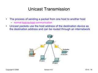 Unicast Transmission The process of sending a packet from one host to another host normal  host-to-host  communication Unicast packets use the host address of the destination device as the destination address and can be routed through an internetwork Ch 6 -  