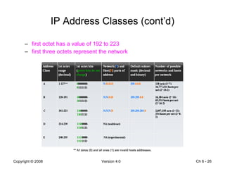 IP Address Classes (cont’d) first octet has a value of 192 to 223 first three octets represent the network Ch 6 -  